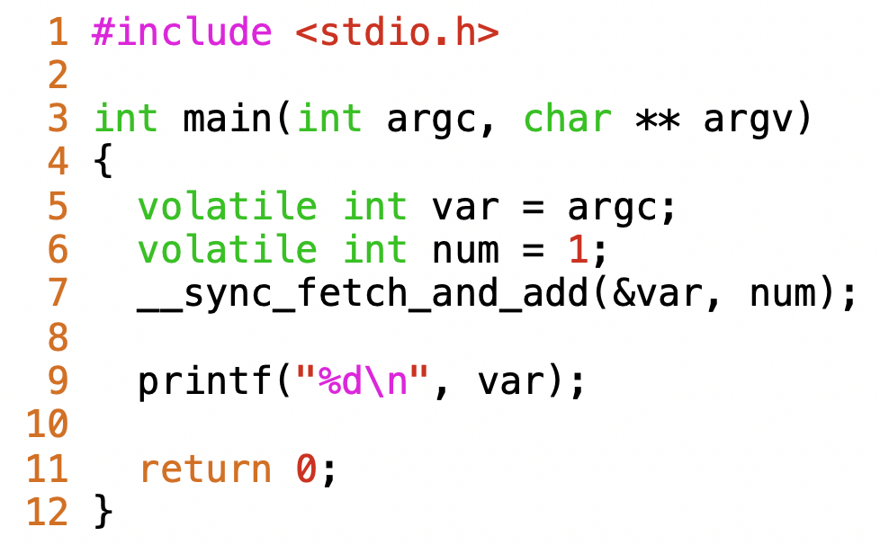 Example code “foo.c” demonstrating __sync_fetch_and_add GNU intrinsic