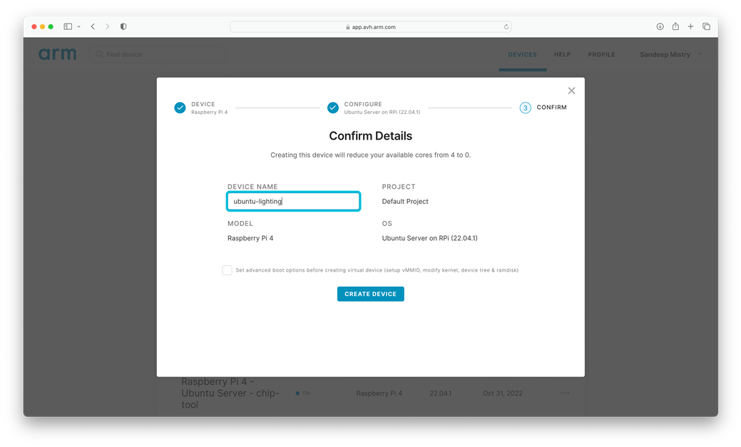 Arm Virtual Hardware - Create Device