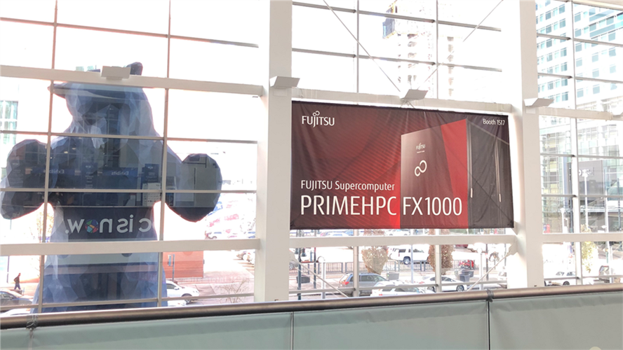 Fujitsu banner showing their newest Arm-based Supercomputer line at SC19 in Denver
