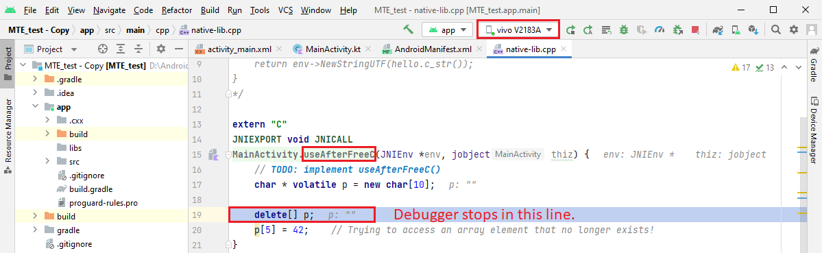  Debugging with MTE enabled in Android Studio.