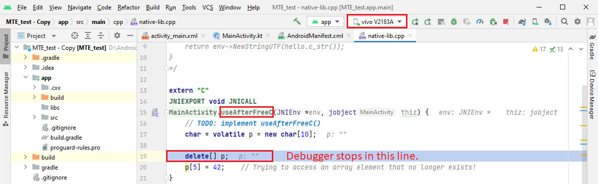 Debugging with MTE enabled in Android Studio.