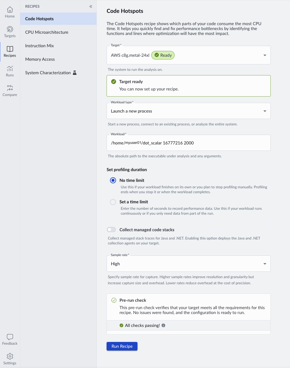 Starting a code hotspots recipe in Arm Performix