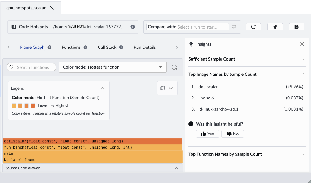The flame graph in Arm Performix