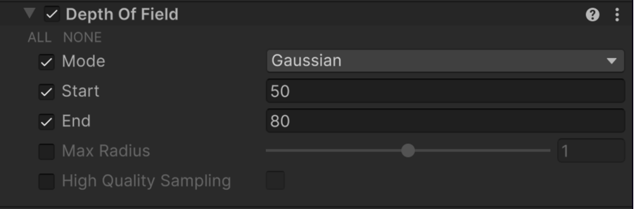 Screenshot depicting optimal settings for Depth of Field on mobile in Unity