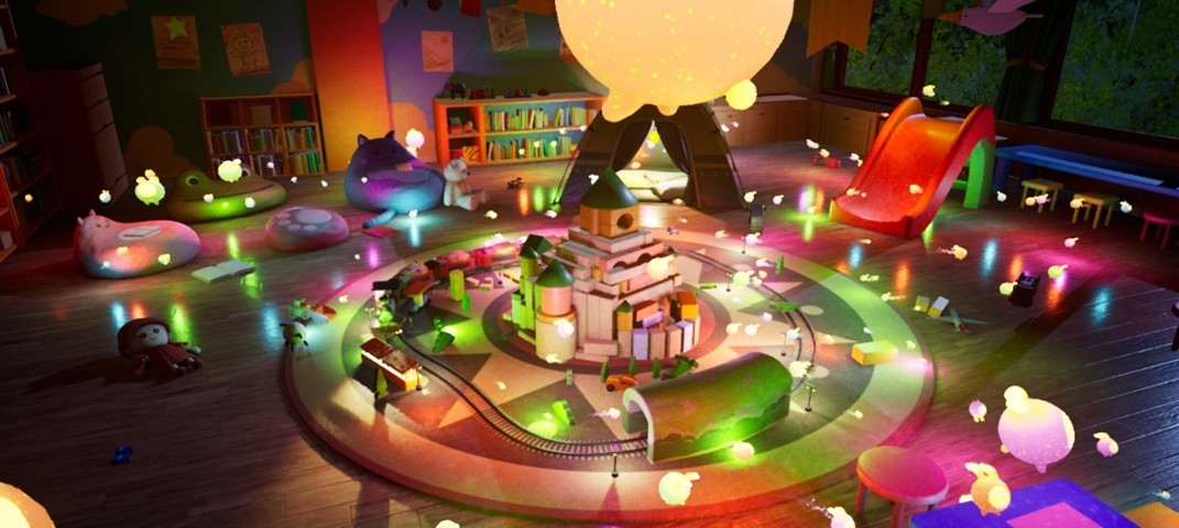 Lumilings demo scene showing a toy-filled playroom illuminated by hundreds of dynamic lights with ray-traced shadows rendered using Unreal Engine MegaLights.
