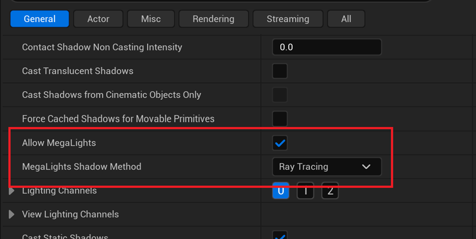 Unreal Engine Directional Light settings showing Allow MegaLights enabled and MegaLights Shadow Method set to Ray Tracing.