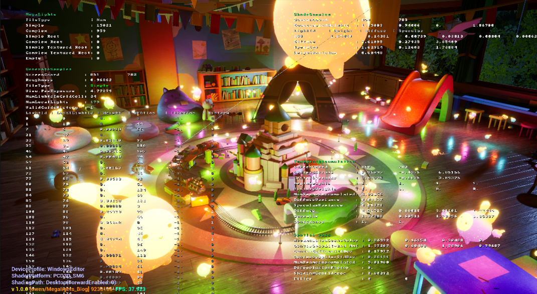 MegaLights debug view showing light importance values, selected primary lights, and sampling statistics over the Lumilings demo scene.