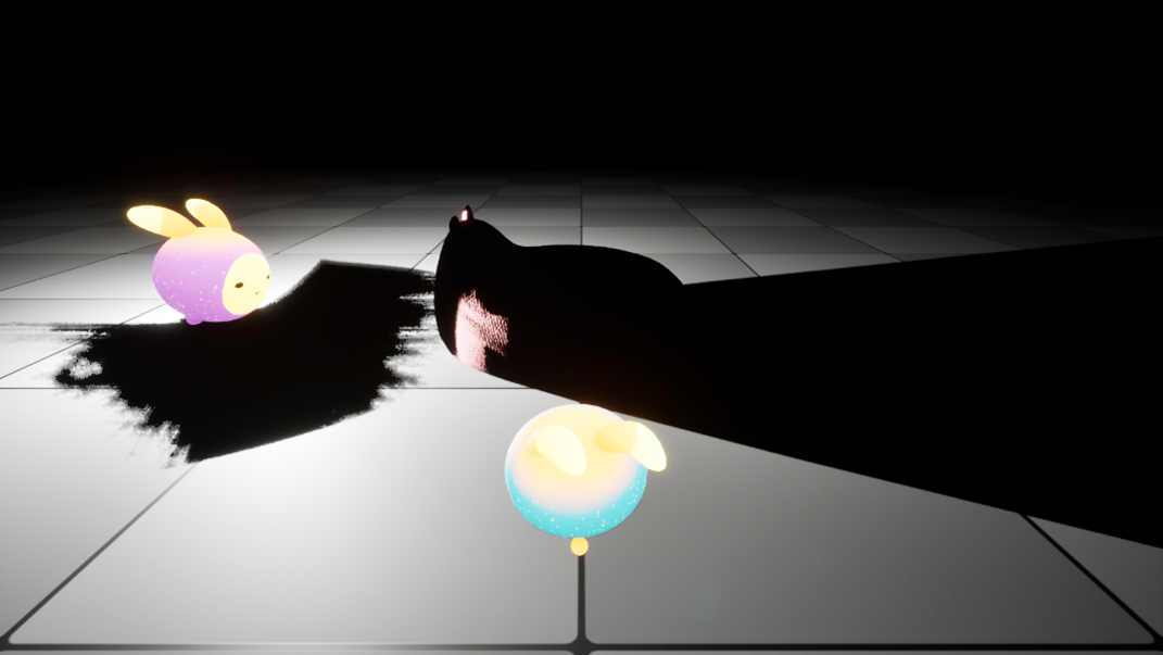 Test scene showing a screen-tracing artifact in MegaLights, where a mesh with shadow casting disabled still appears to cast a shadow.