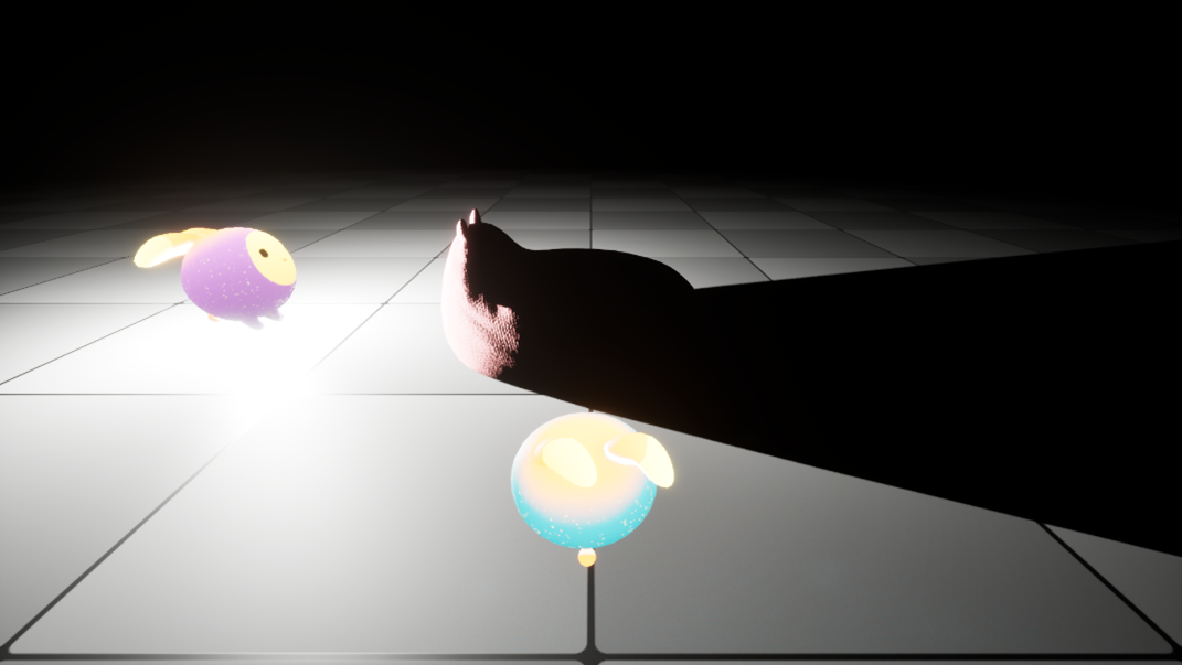 Test scene showing correct MegaLights shadow behavior with screen tracing disabled. The mesh with shadow casting disabled no longer produces an unintended shadow.