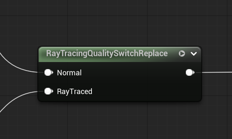 Unreal Engine Material Editor node showing RayTracingQualitySwitchReplace, used to define separate material behavior for standard and ray-traced rendering paths.