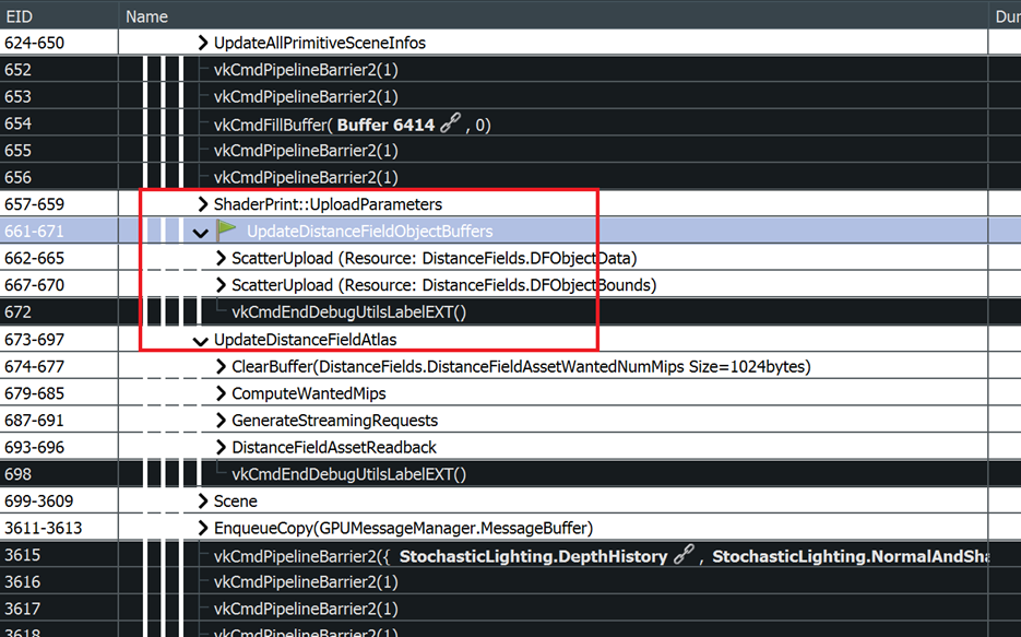 GPU frame capture highlighting distance field update passes, including object buffer uploads and distance field atlas updates.