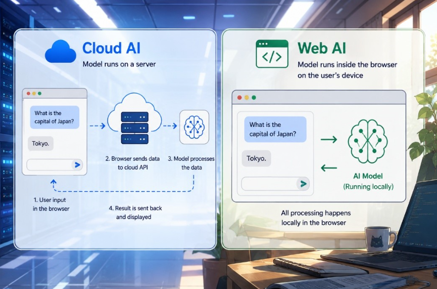 Comparison of Cloud AI and Web AI, showing cloud-based inference via a remote server versus local inference running directly in the browser.