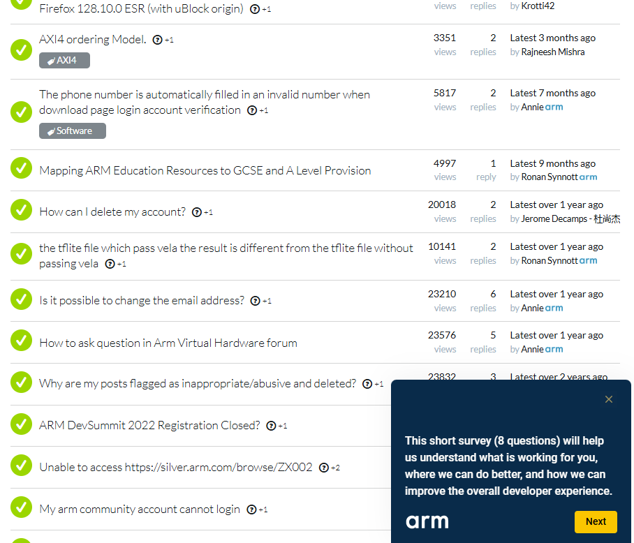 Arm Community survey window