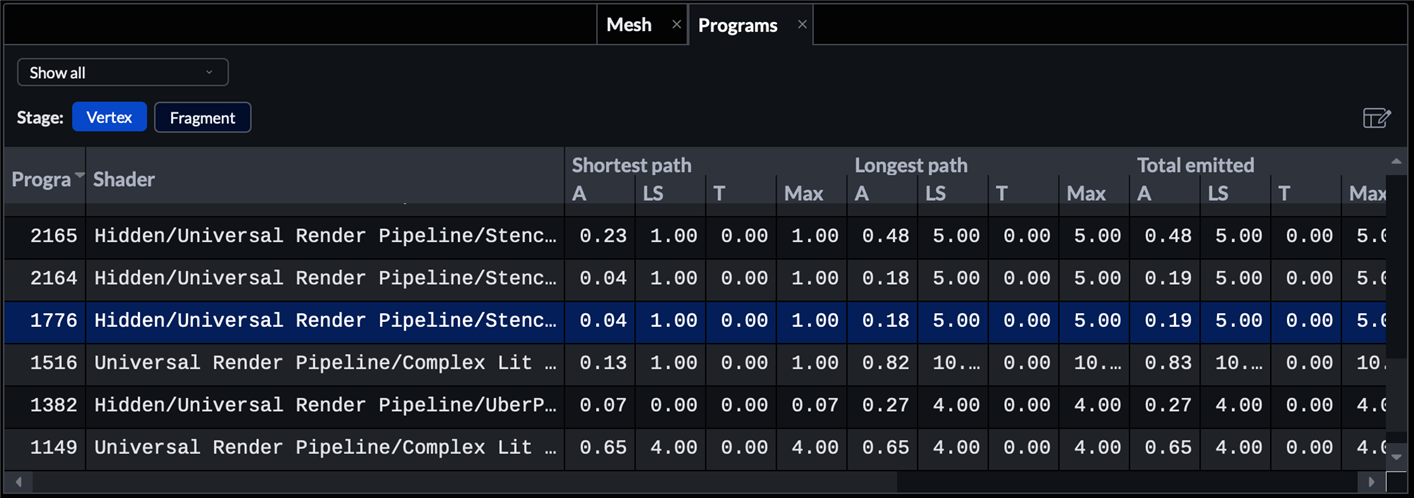 Programs view showing named Vulkan shader modules in Arm Frame Advisor
