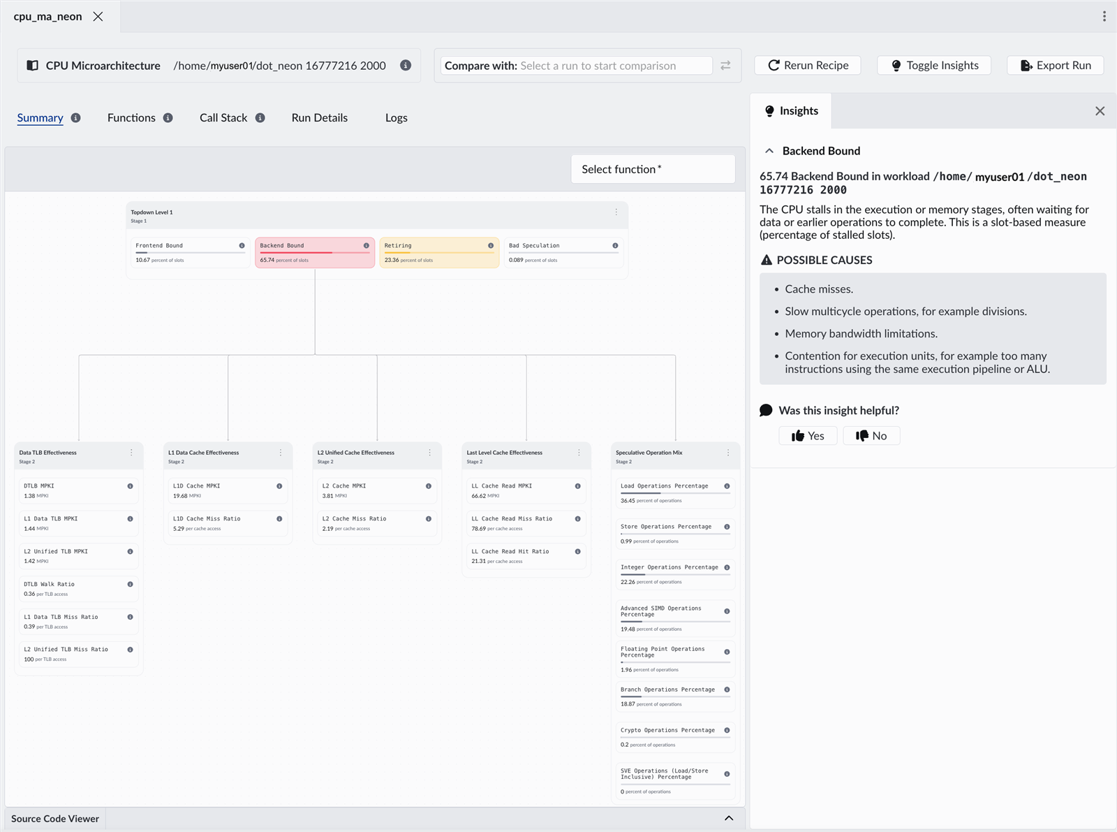CPU architecture results in Arm Performix