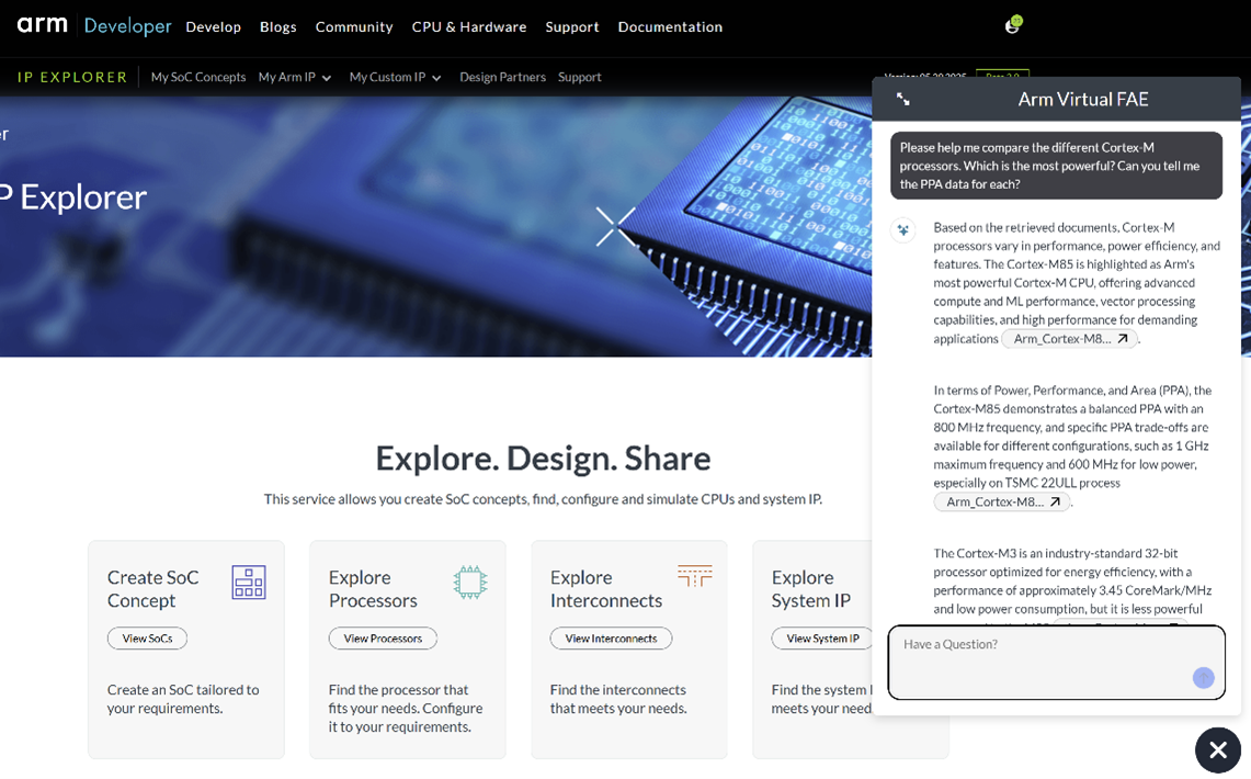 Screen shot showing a chat window and a conversation with the Arm Virtual Field Application Engineer (FAE)