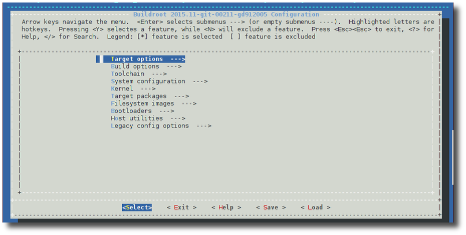 Buildroot’s menu-driven configuration interface lets developers select target options, toolchains, kernels, packages, filesystem images, and other components for an embedded Linux system.