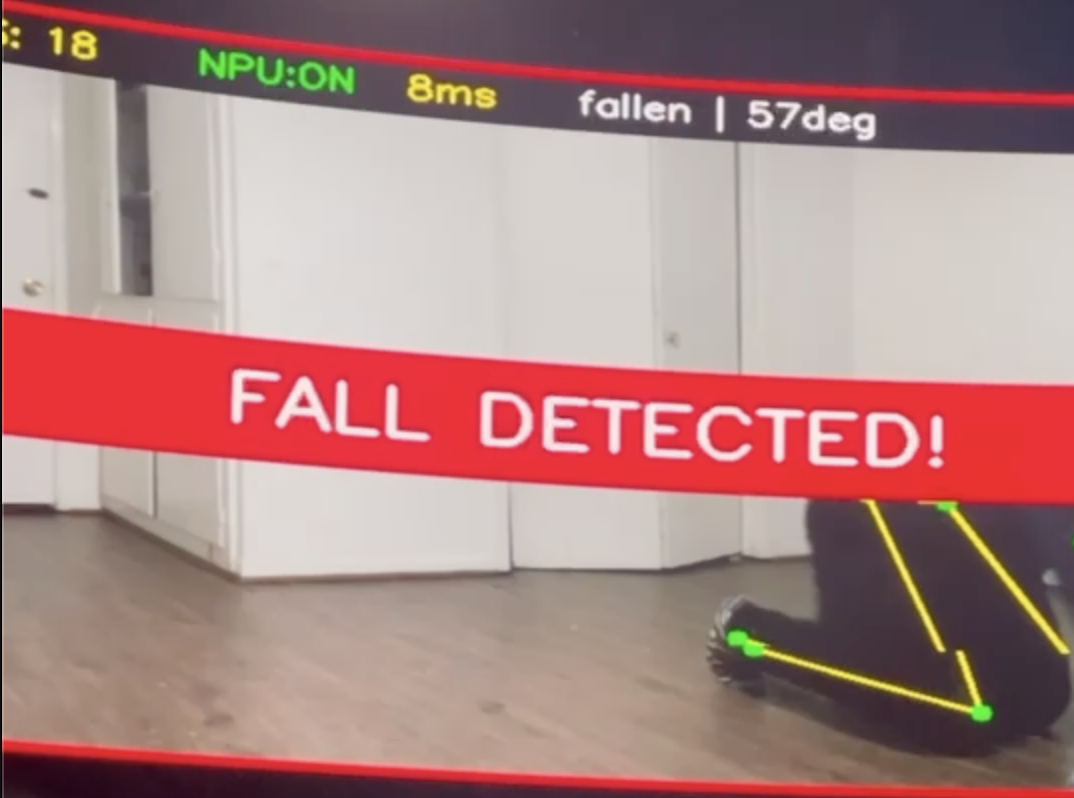 System running on NXP i.MX93 FRDM board with HDMI display showing live fall detection