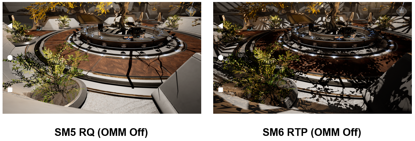 Moku Central Garden scene showing a circular platform, surrounding vegetation, and shadows cast across the ground and Moku Central Garden scene showing detailed foliage shadows across a circular platform and surrounding stone surfaces.
