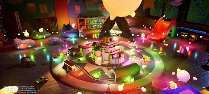 Playroom scene with hundreds of colorful dynamic lights and ray-traced shadows rendered using Unreal Engine MegaLights.