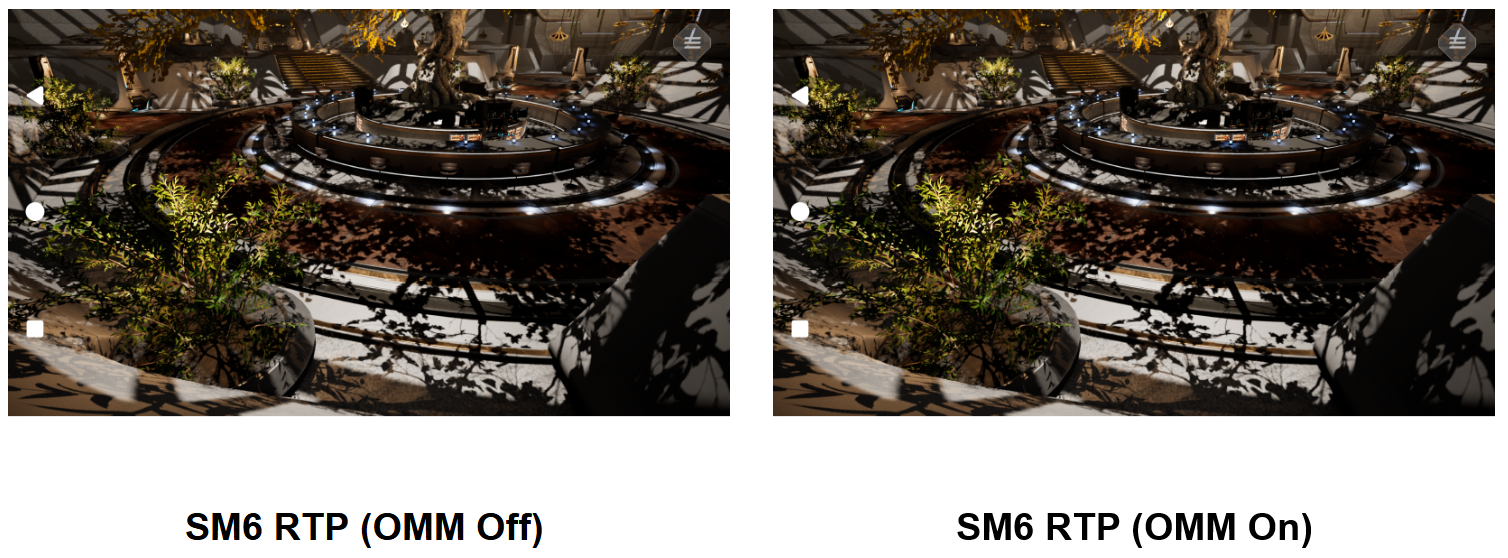 Moku Central Garden scene showing foliage shadows rendered using the SM6 ray tracing pipeline with opacity micromaps enabled.