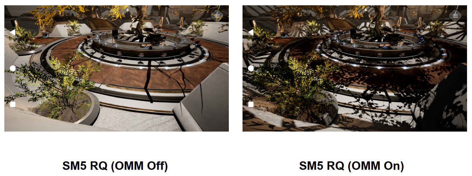 Moku Central Garden scene showing foliage and shadows with opacity micromaps enabled and Moku Central Garden scene showing foliage shadows rendered using the SM6 ray tracing pipeline with opacity micromaps enabled.