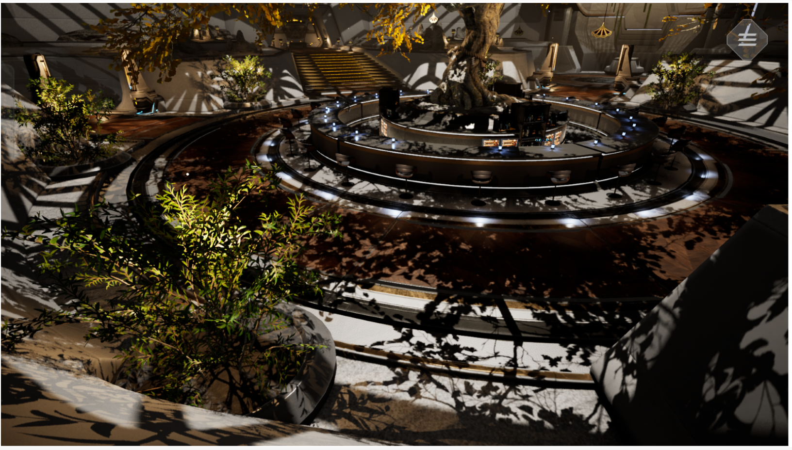 Moku Central Garden scene showing foliage shadows rendered using the SM6 ray tracing pipeline with opacity micromaps enabled.