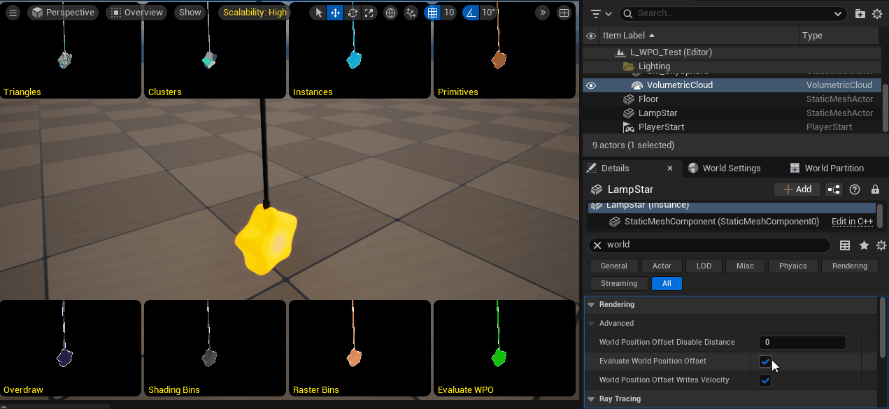 Unreal Engine editor showing the Evaluate World Position Offset setting used to disable WPO.