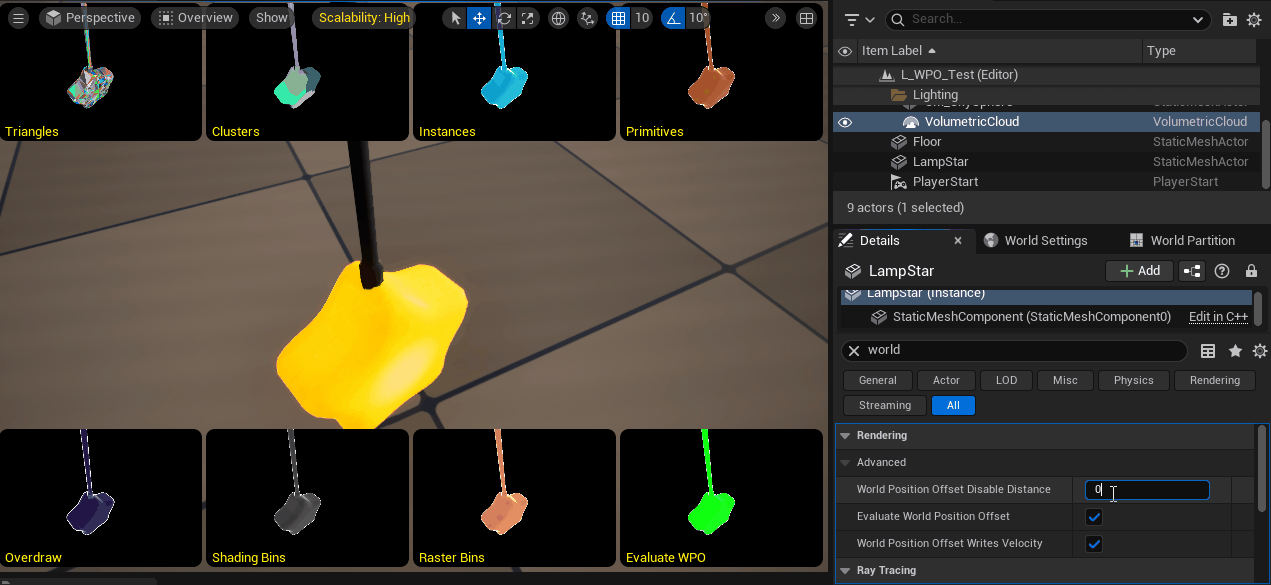 Unreal Engine editor showing the World Position Offset Disable Distance setting for performance optimization.