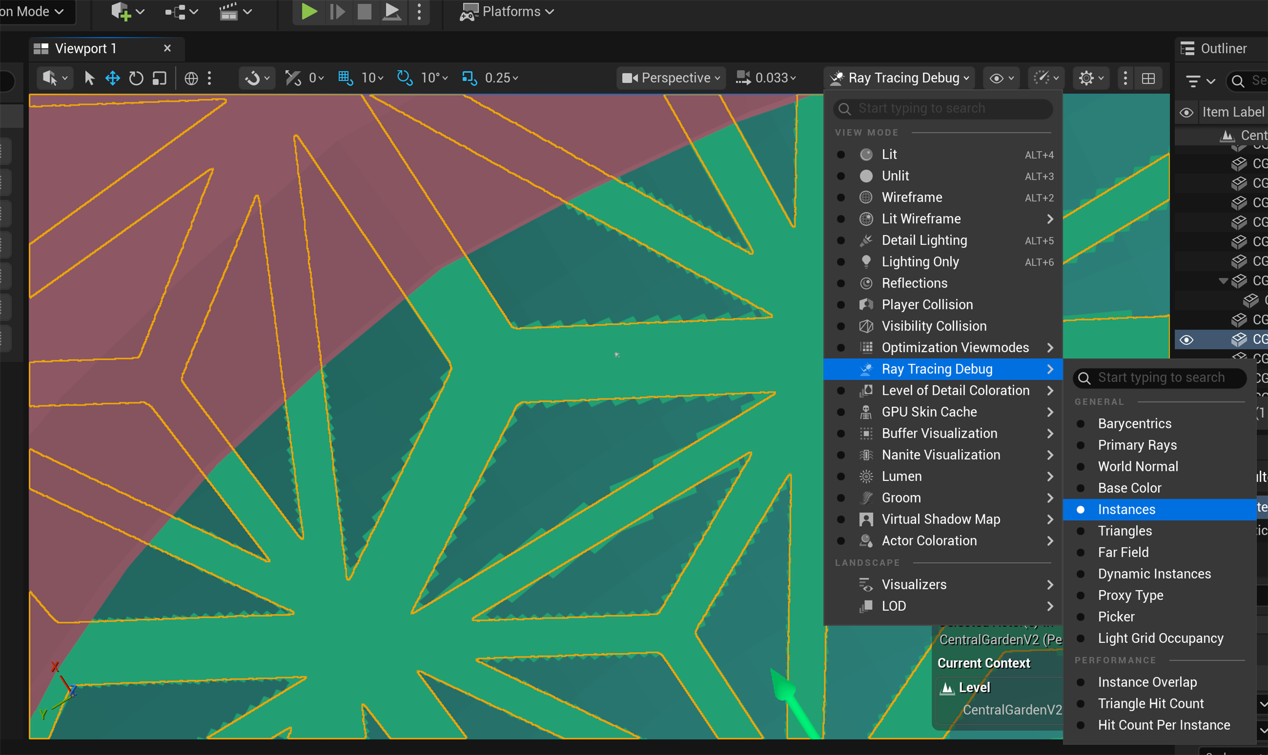 Unreal Engine editor showing opacity micromap settings alongside a color-coded visualization of microtriangle opacity states.