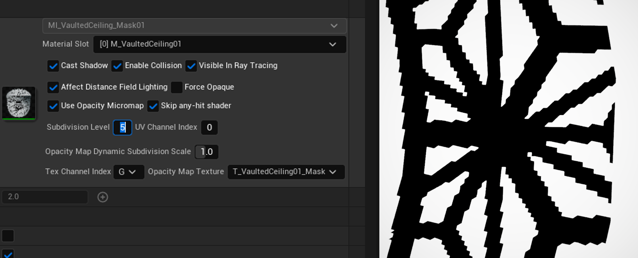 Unreal Engine opacity micromap settings at subdivision level 5, with a viewport preview showing coarse edges around the black cutout pattern.