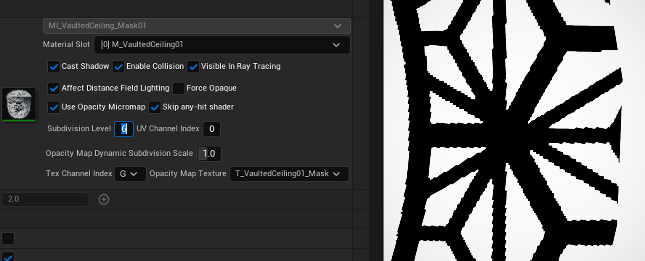 Unreal Engine opacity micromap settings at subdivision level 6, showing a more detailed cutout pattern in the viewport.