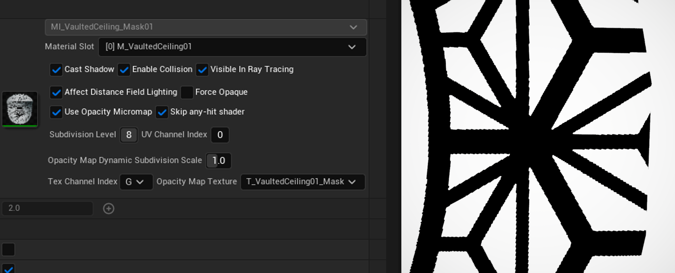 Unreal Engine opacity micromap settings at subdivision level 8, showing a finely detailed cutout pattern with smoother edges.