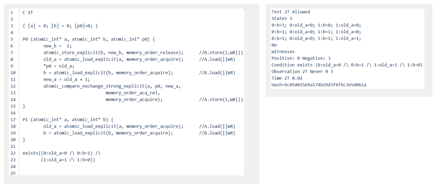 Herd 7 - C11 implementation of synchronizing release RMW and acquire of A and Output of the litmus test.
