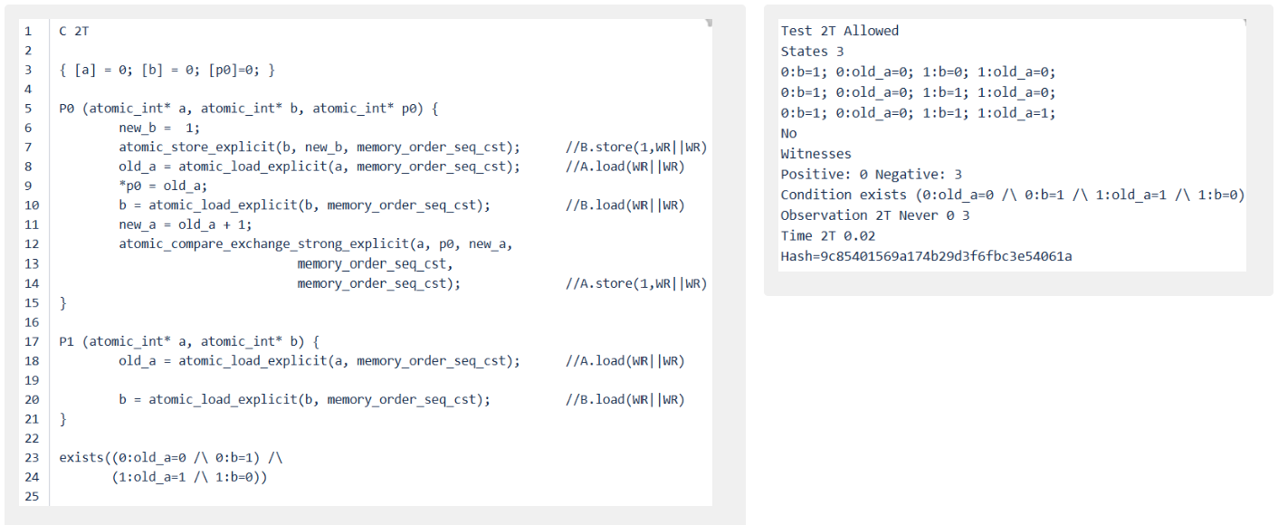 Herd 7 - C11 implementation of sequentially consistent loads and stores and Output of the litmus test.
