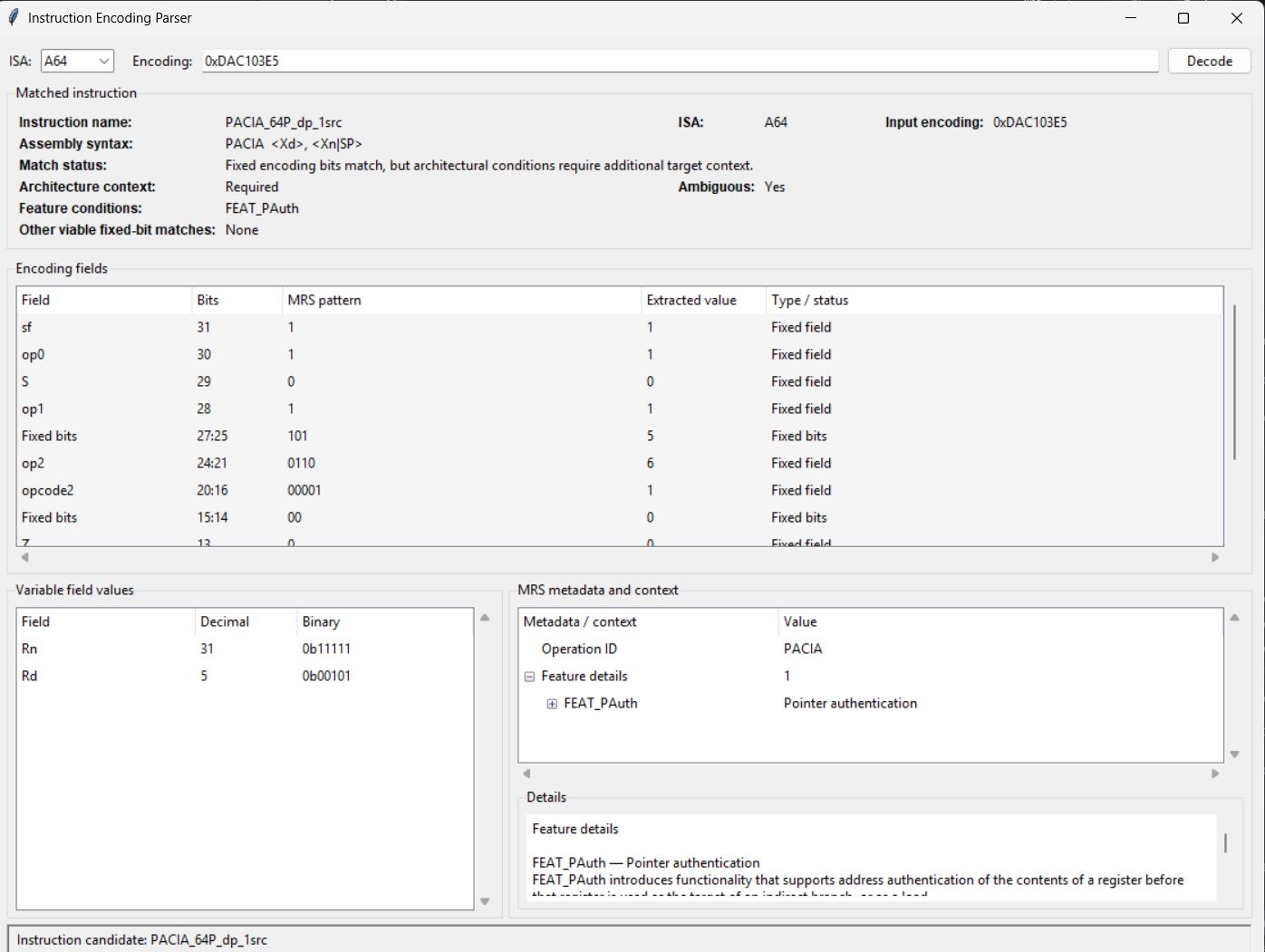 Screenshot showing an example of inputting 0xDAC103E5 for AArch64: