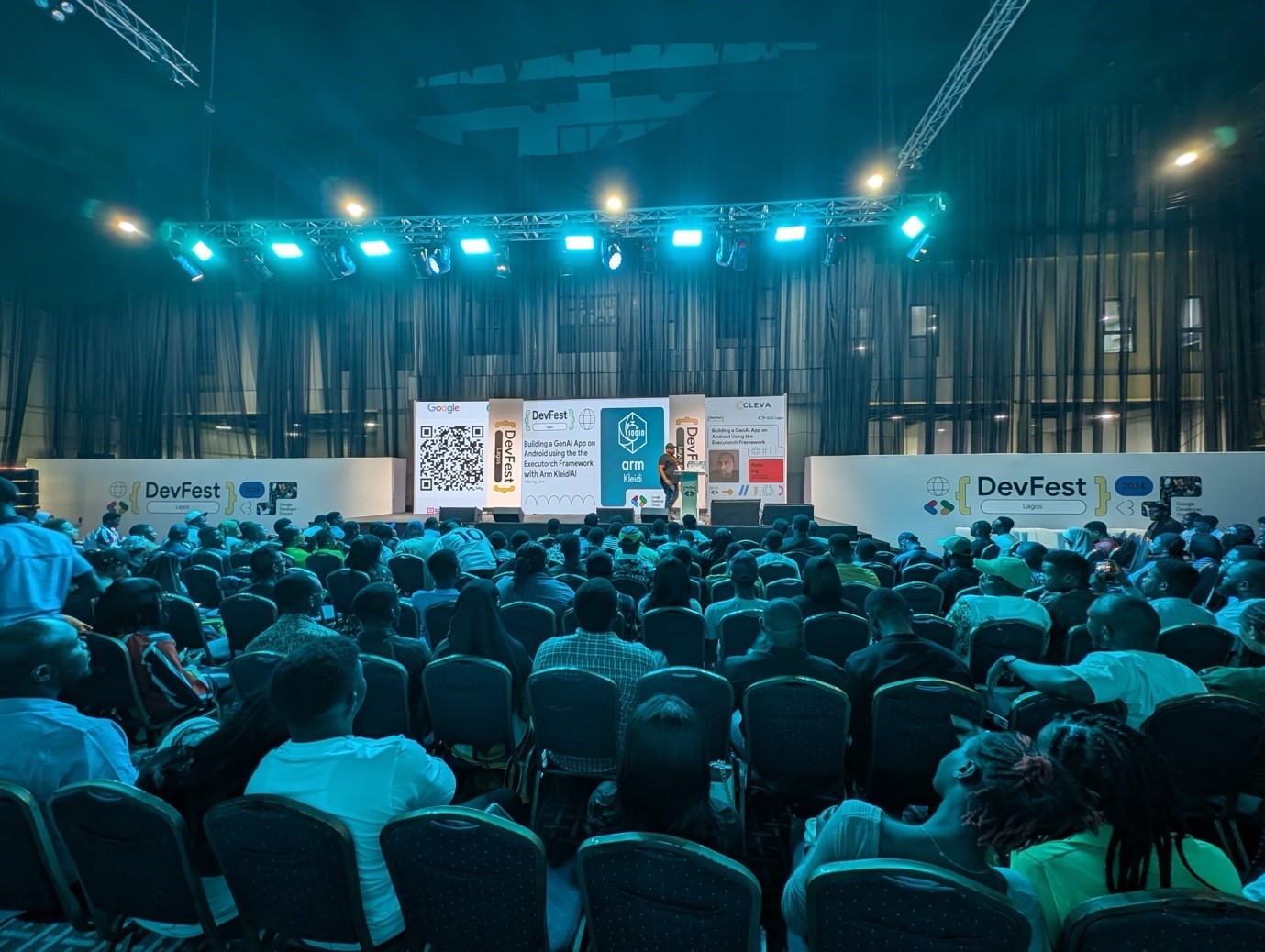 DevFest conference setup with participants in view.