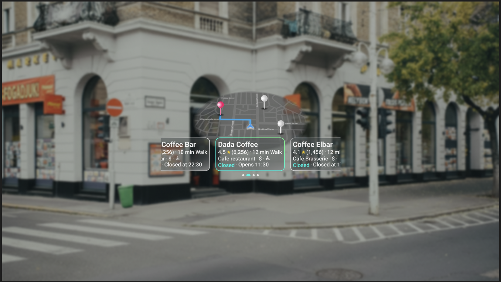 Street view through smart glasses showing augmented reality markers and information panels for nearby cafés, including opening hours and distances.
