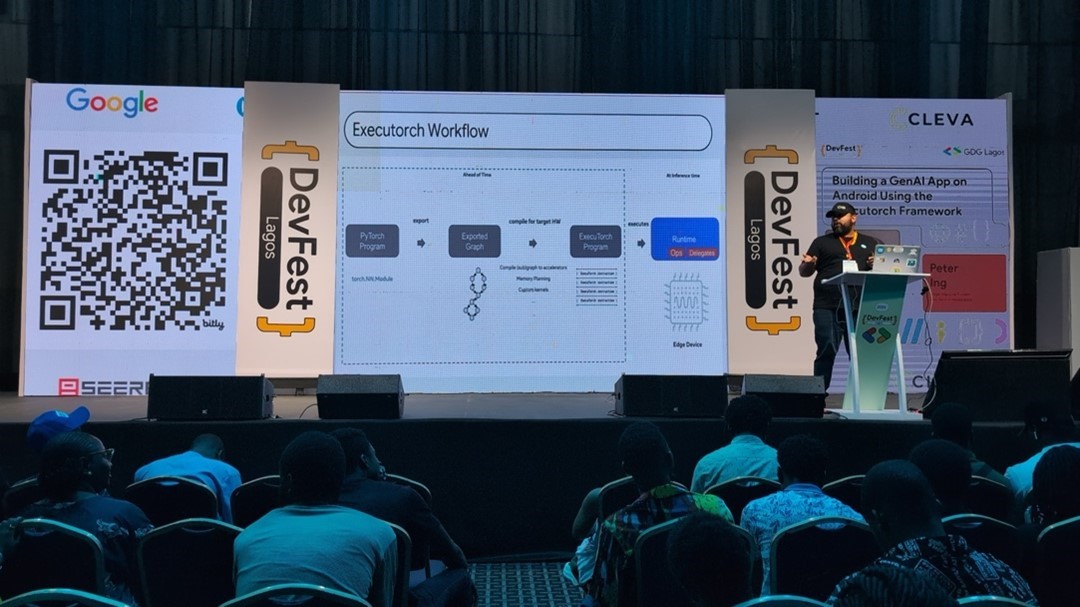 A picture of Peter Ing's presentation at DevFest