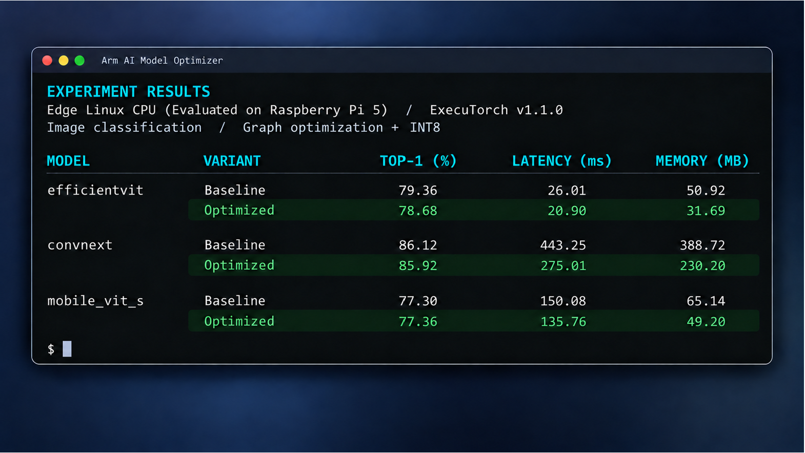 Terminal-style table comparing baseline and optimized EfficientViT, ConvNeXt, and MobileViT-S models on Raspberry Pi 5, showing changes in accuracy, latency, and memory usage.