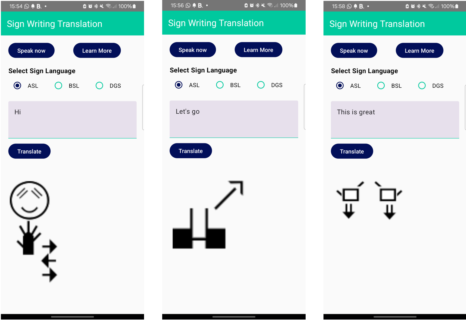 Example screenshots of the signwriting translation app