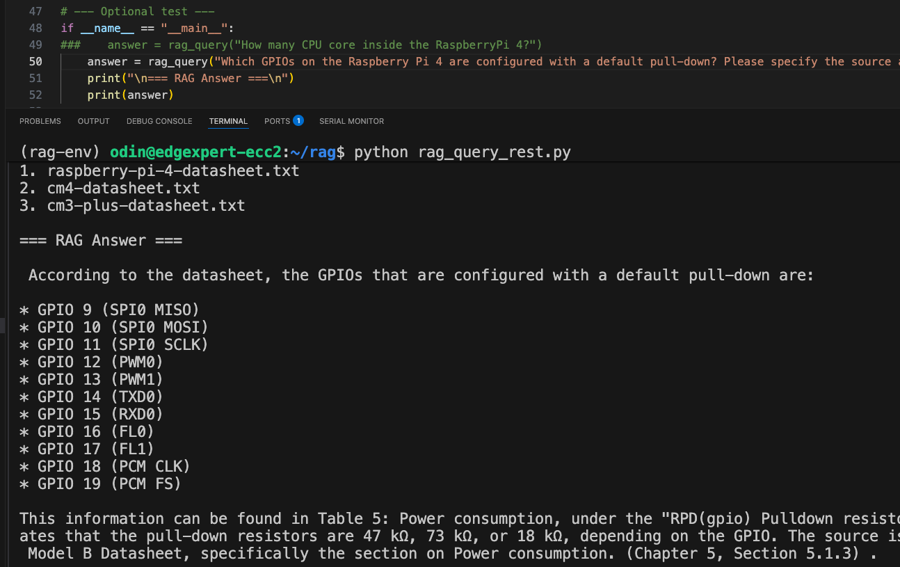 Outcomes of scenario 2 running the same query with a RAG architecture.