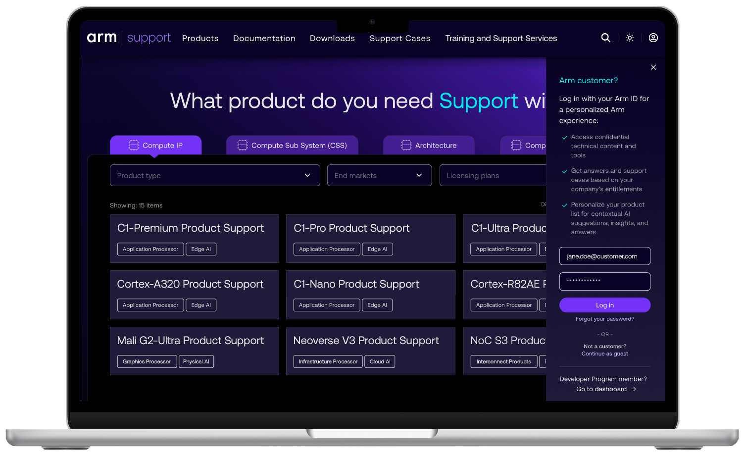 An image showing the support.arm.com homepage