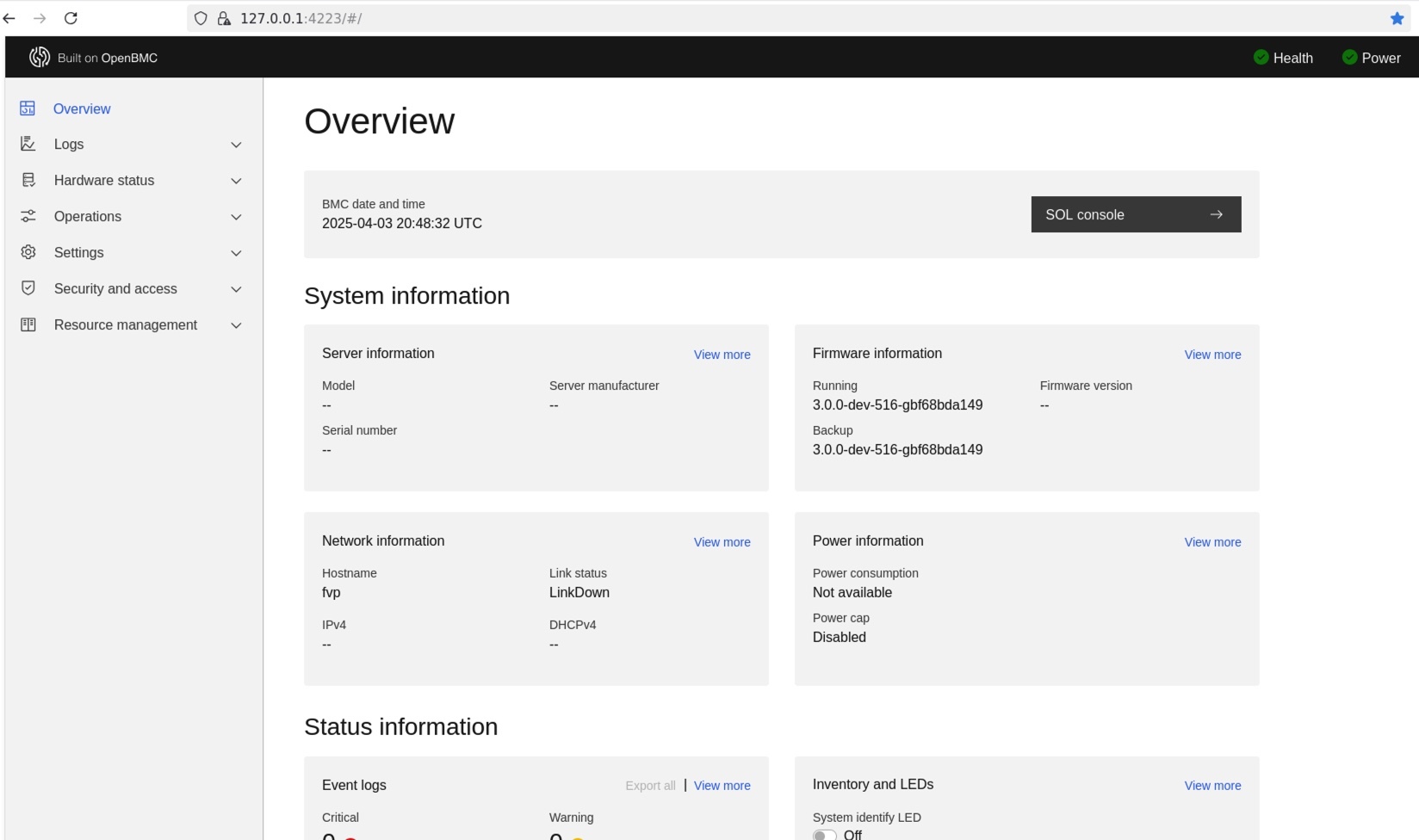 UI overview of OpenBMC interface