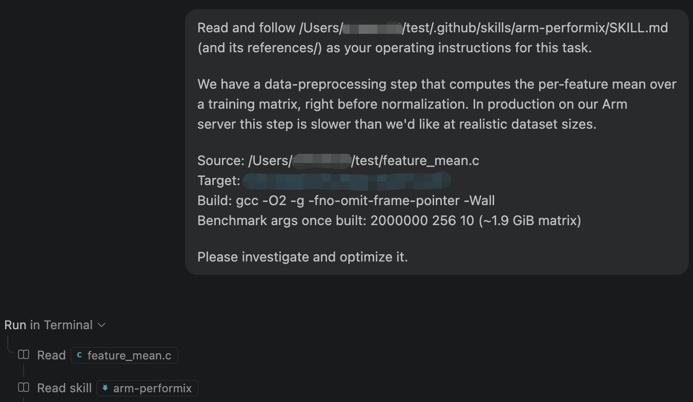 Screenshot of the agent's chat: the prompt asking it to use the arm-performix skill to investigate and optimize feature_mean.c, with the agent starting to read the source and skill files.