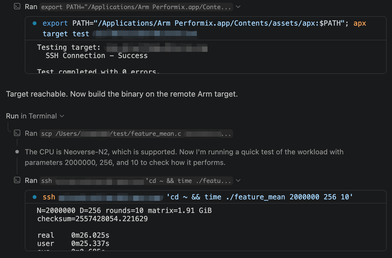 Screenshot of the agent connecting to the Arm Neoverse-N2 target, building feature_mean.c there, and measuring a baseline of about 26 seconds.