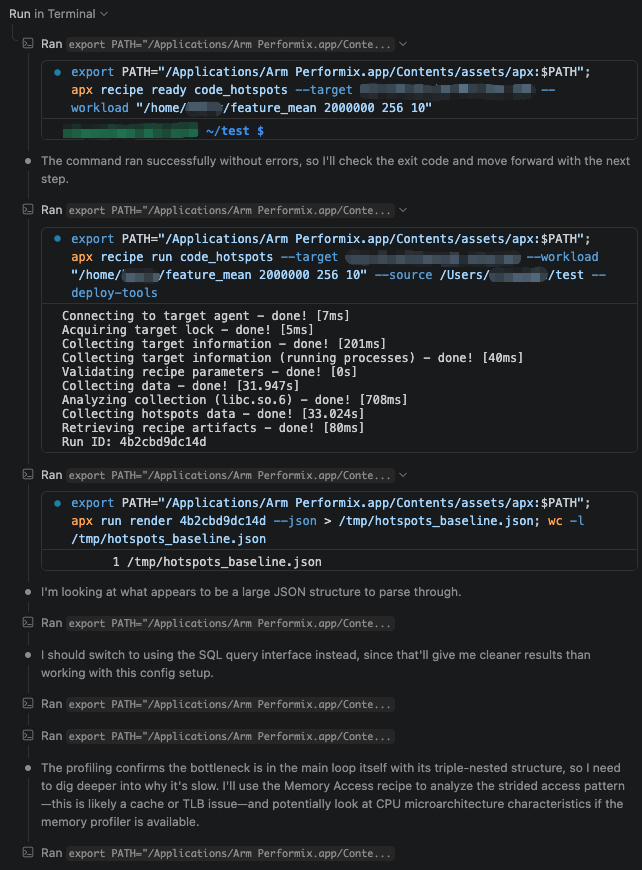 Screenshot of the agent running Code Hotspots and concluding the triple-nested main loop is the bottleneck, with Memory Access to run next.