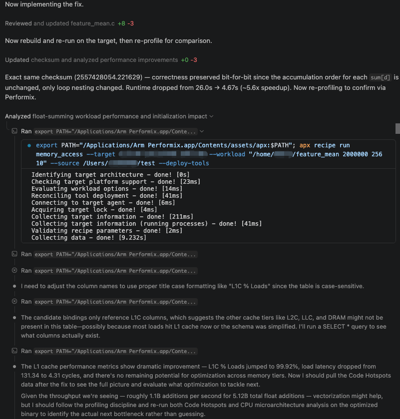 Screenshot of the agent applying the fix, rebuilding, and re-running: identical checksum, runtime down from 26.0 to 4.67 seconds, L1 hit rate up to 99.92%.