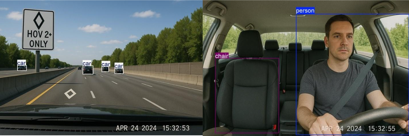 Figure 3: Synthetically generated images showing what the Vision Agent observes from a car’s interior and exterior on the highway. 