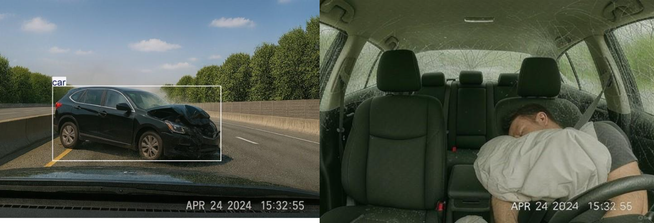 Figure 5: Synthetic images of a car’s interior and exterior during an accident. 